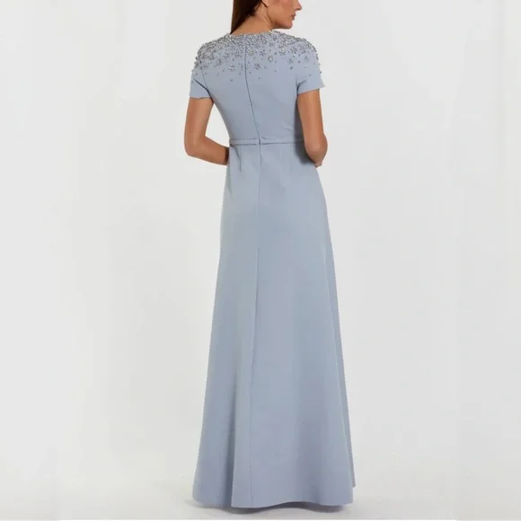 MAC DUGGAL Powder Blue High Neck Rhinestone Embellished Crepe Gown (Style 50038) - Picture 3 of 14